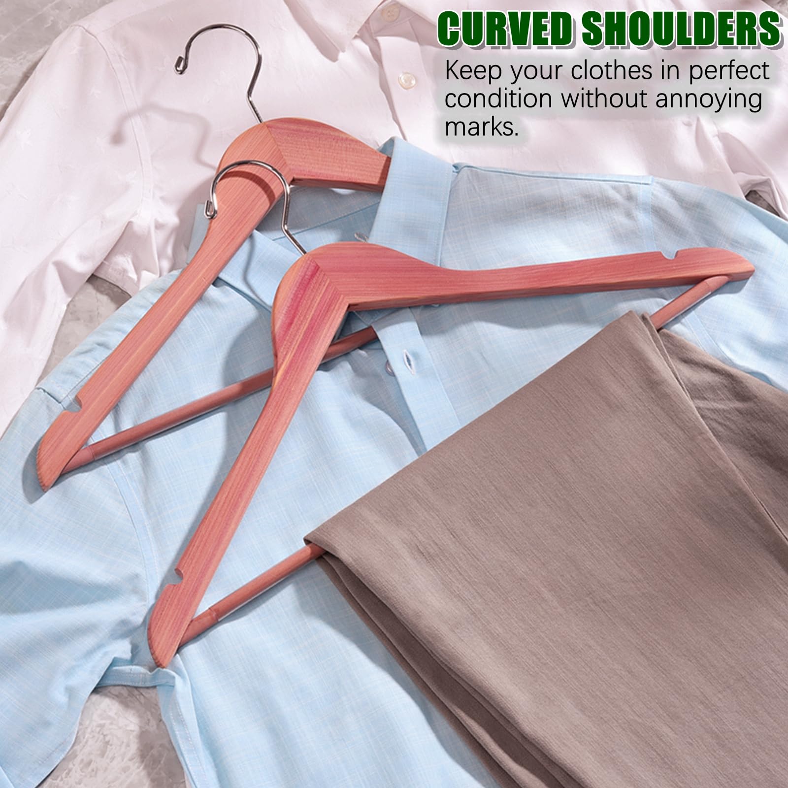 Amber Home ergonomic cedar shoulders help preserve garment form.