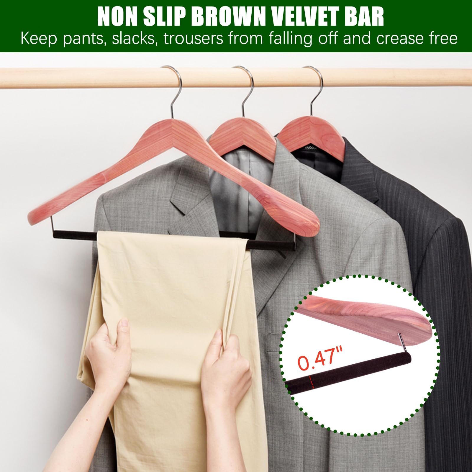 Amber Home ergonomic cedar hanger preserves garment shape and keeps collars neat.