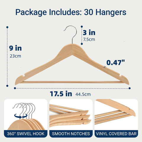 Amber Home natural wood hanger with 360-degree chrome hook for secure hanging