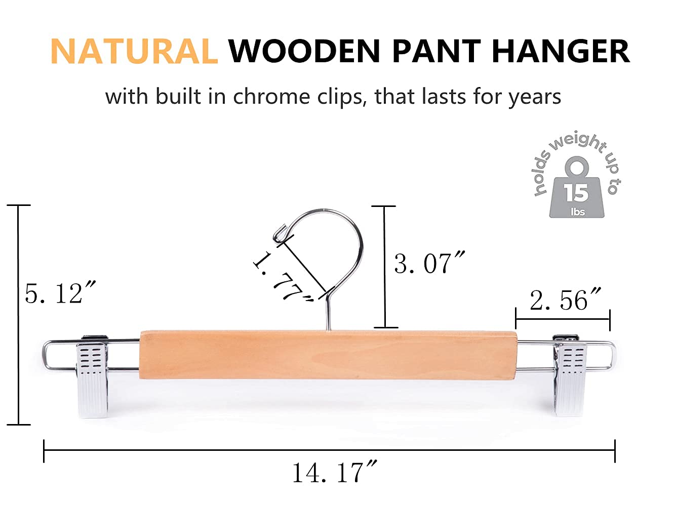 Amber Home natural wood hanger close-up shows sturdy construction for pants