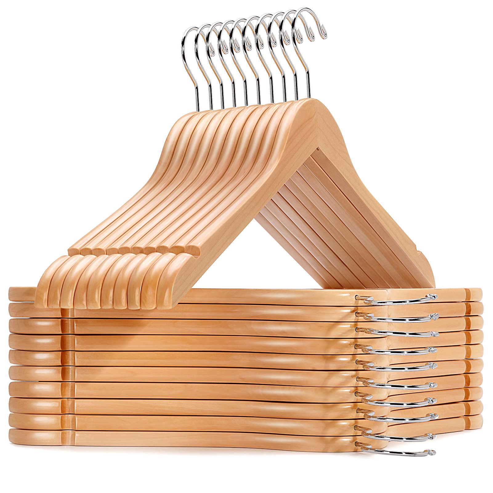 Amber Home natural wooden hanger with flat body for efficient closet storage.