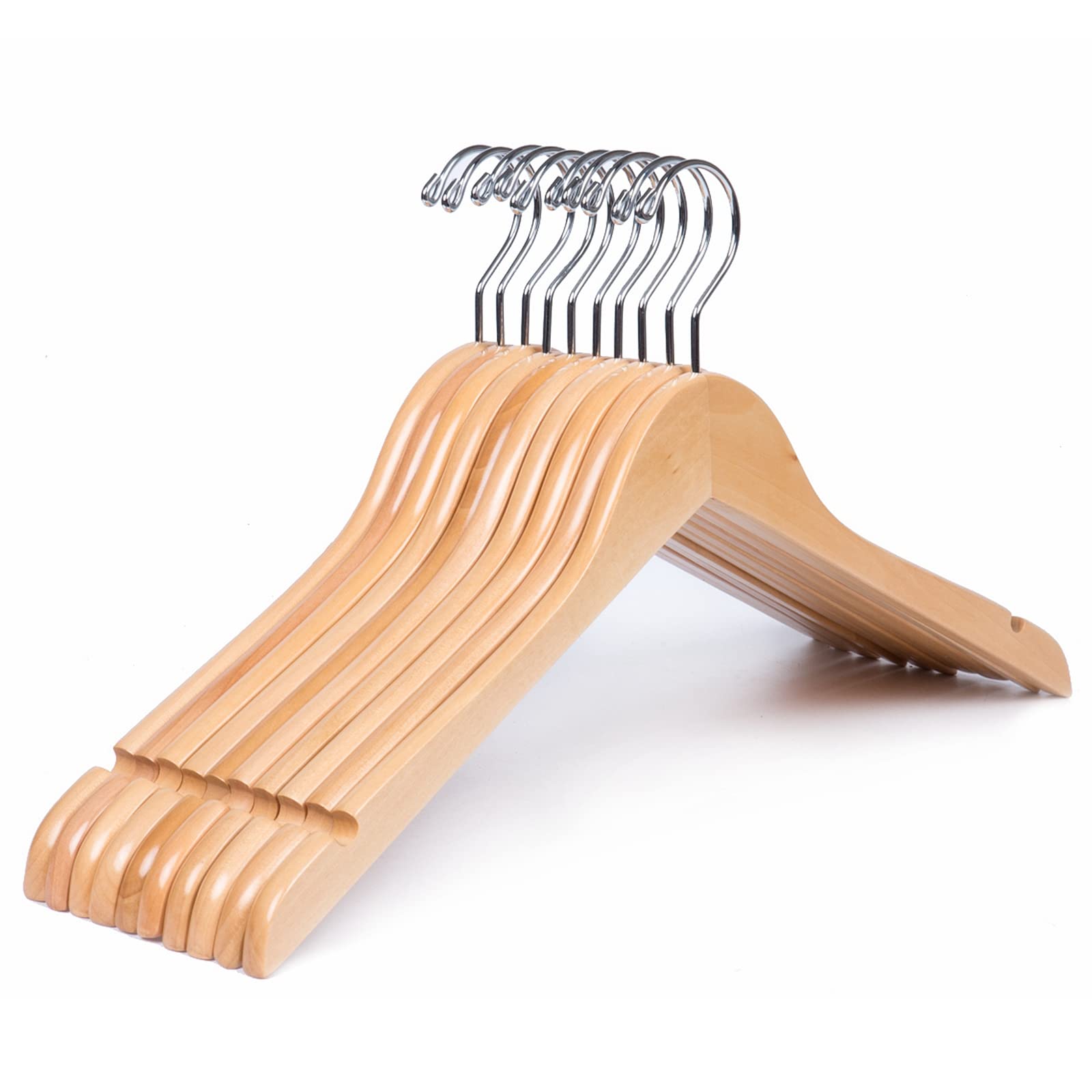 Amber Home natural wooden shirt hanger with flat body for space-saving closets.