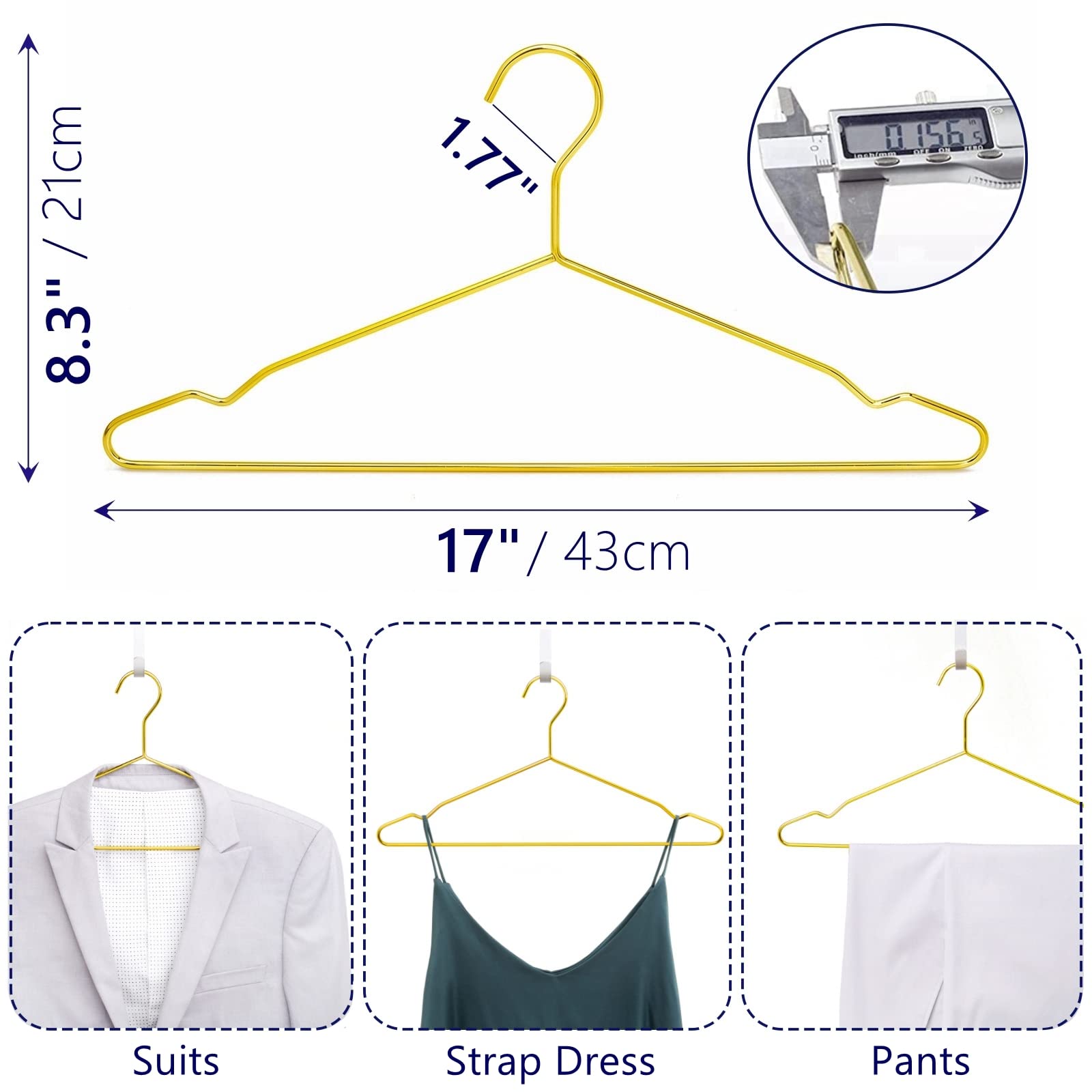 Amber Home shiny gold 4mm wire hanger adds durability for heavy garments.