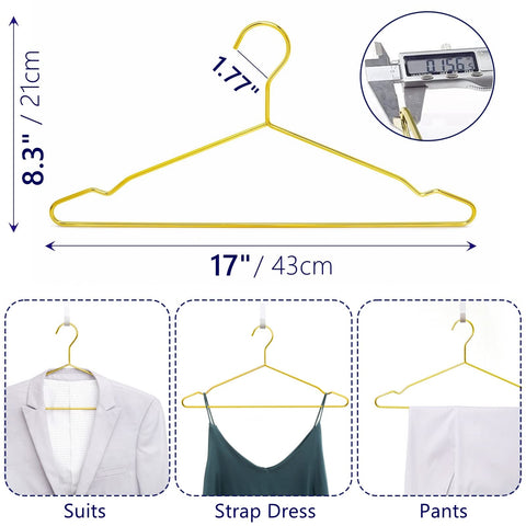 Amber Home shiny gold 4mm wire hanger adds durability for heavy garments.