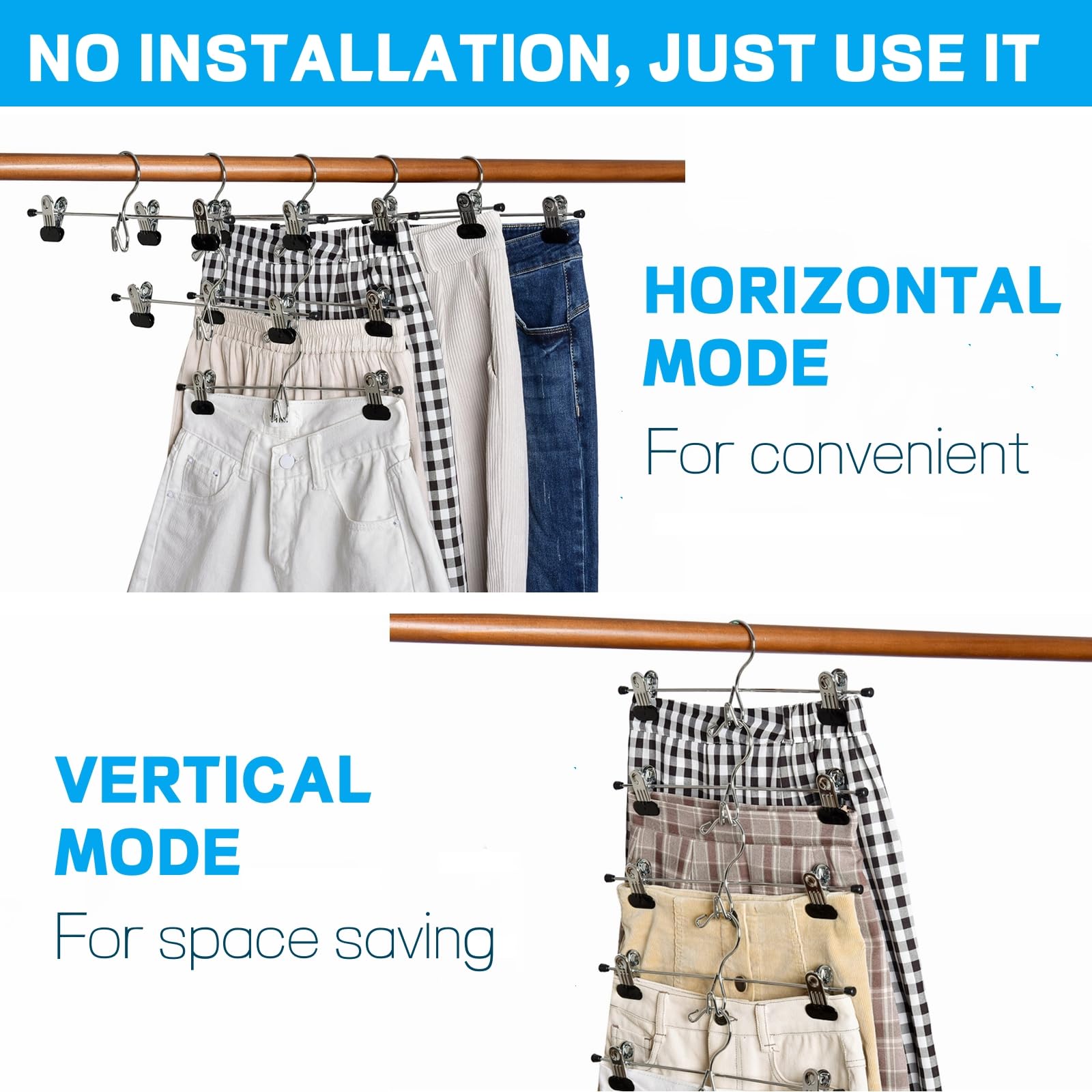 Amber Home space-saving design helps organize jeans, skirts, and slacks efficiently.