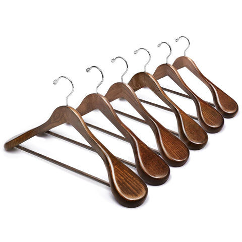 Amber Home walnut wide shoulder hanger highlights premium grain and suit support.