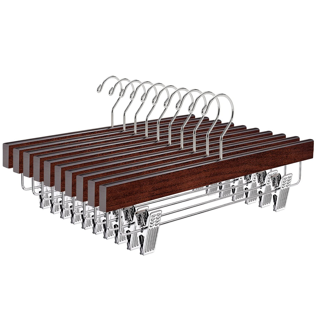 Amber Home walnut wood pants hanger with clips, 14-inch length for organized closet storage.