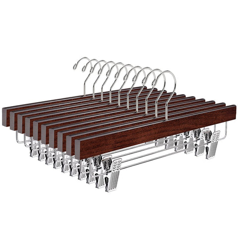 Amber Home walnut wood pants hanger with clips, 14-inch length for organized closet storage.