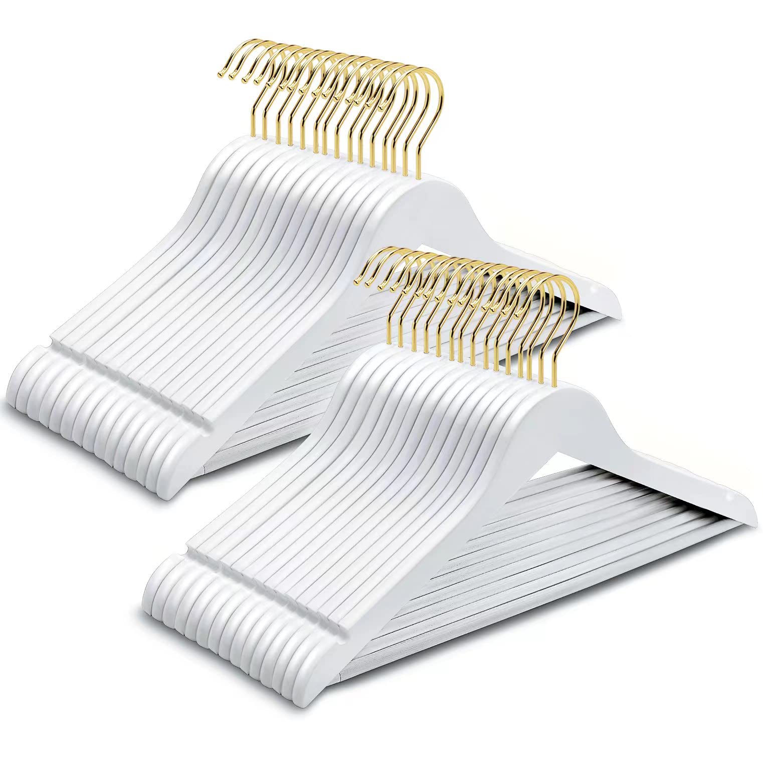 Amber Home white wood hangers with gold hook for sleek closet organization.