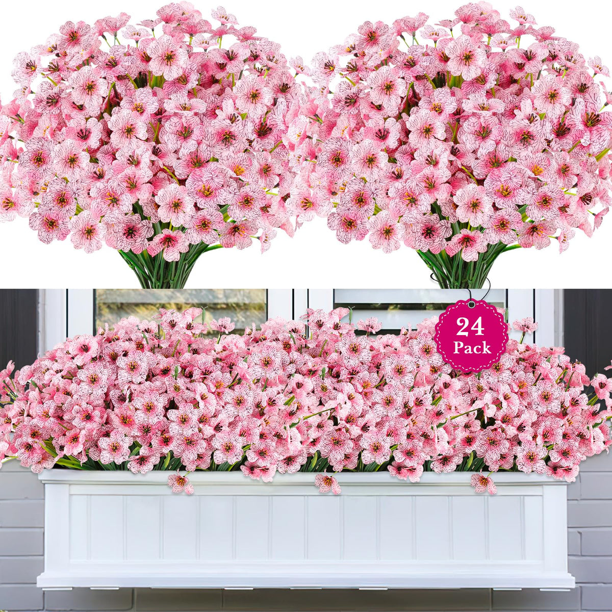 AmberFun 24-bundles artificial flowers outdoors pink brighten porches with lasting color.