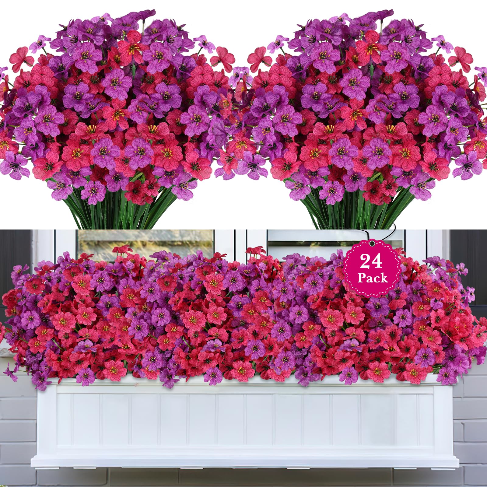 AmberFun 24-pack outdoor artificial flowers in purple and rosy red for vibrant porch displays.