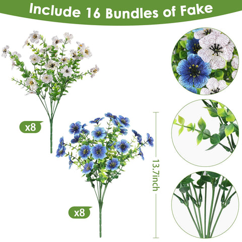 AmberFun blue and white faux flowers brighten outdoor planters.
