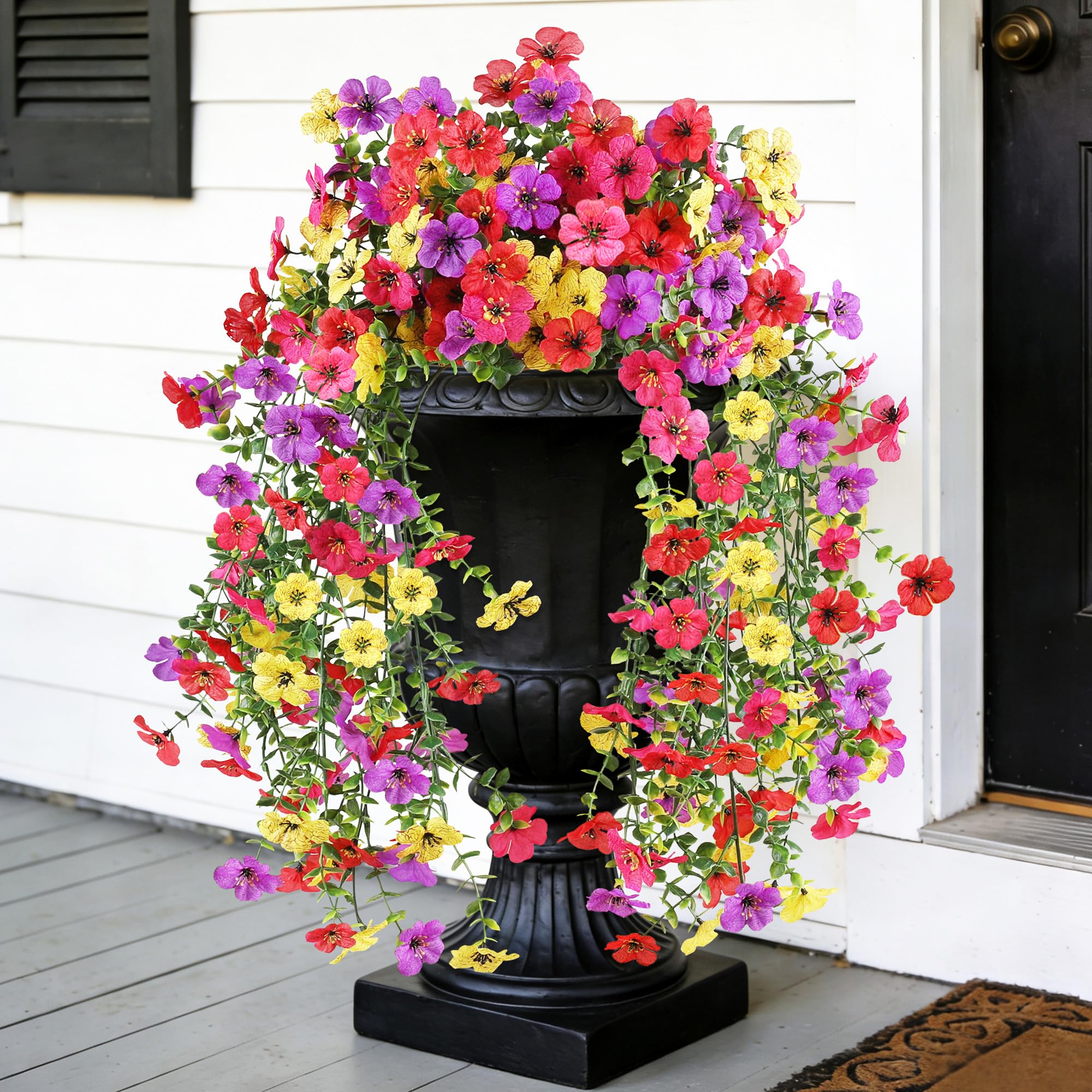 AmberFun outdoor artificial flowers in a hanging basket with vibrant, maintenance-free color.
