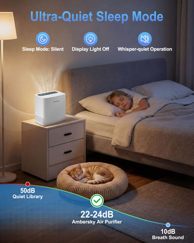Ambersky air purifier 3-stage filter highlights carbon layer for odor control