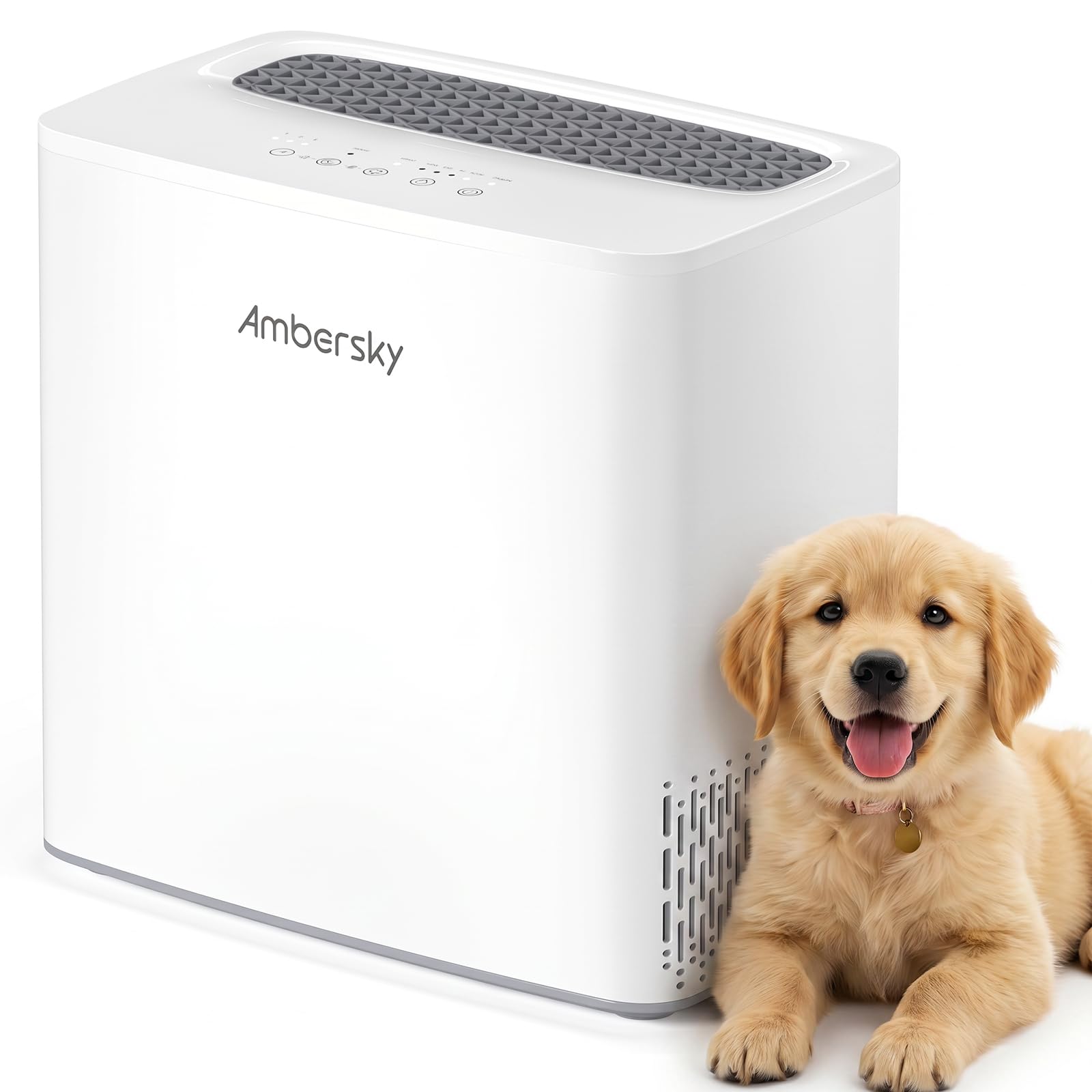 Ambersky air purifier front view highlighting compact silhouette for versatile placement