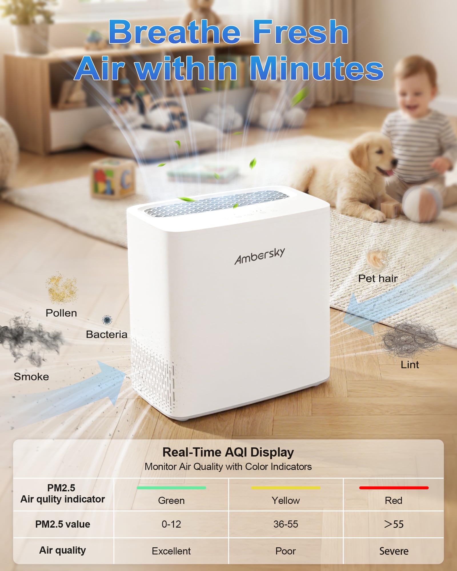 Ambersky air purifier in sleep mode with dimmed display for quiet nights