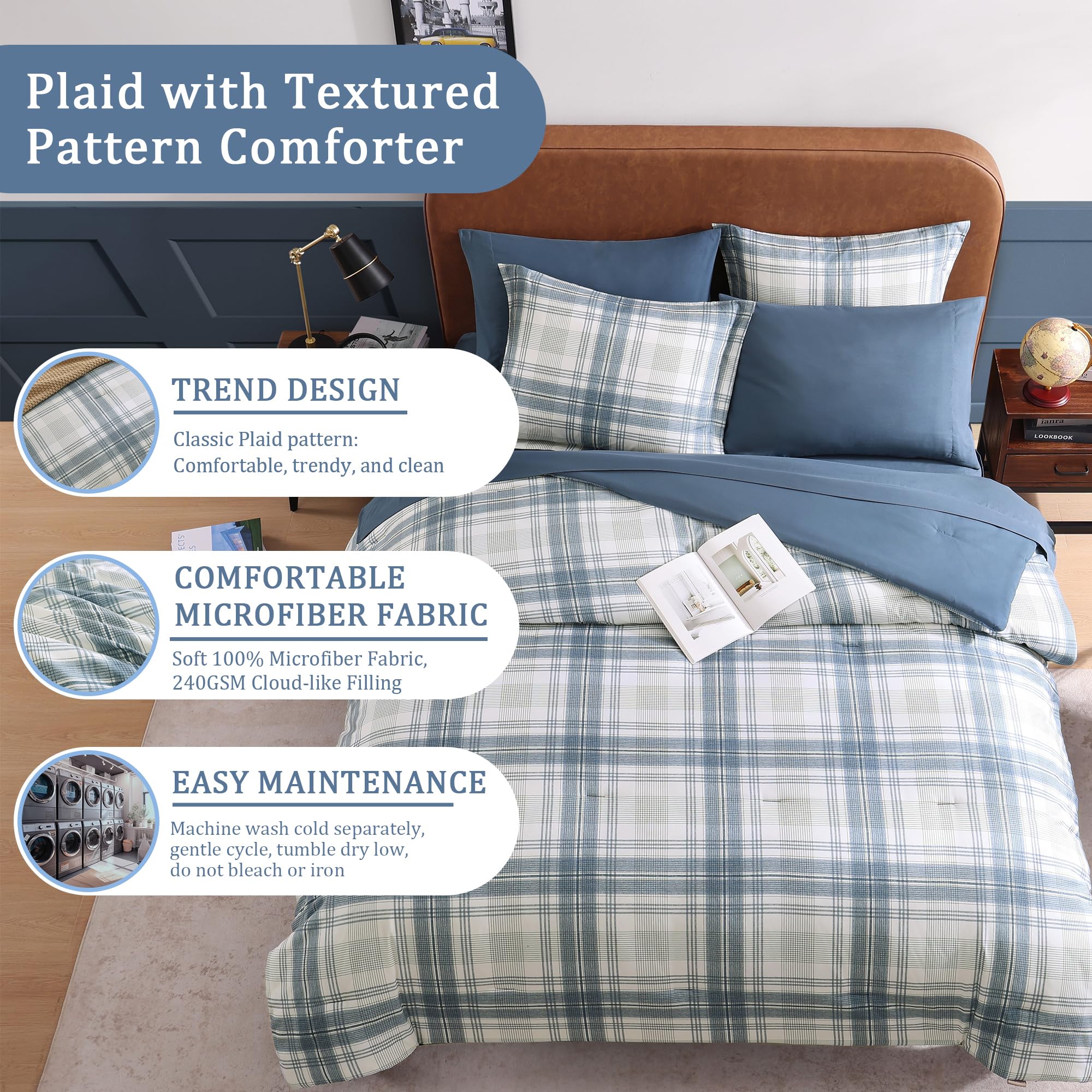 AMBERSPACE pillowcases and shams in blue plaid for coordinated bedroom style.