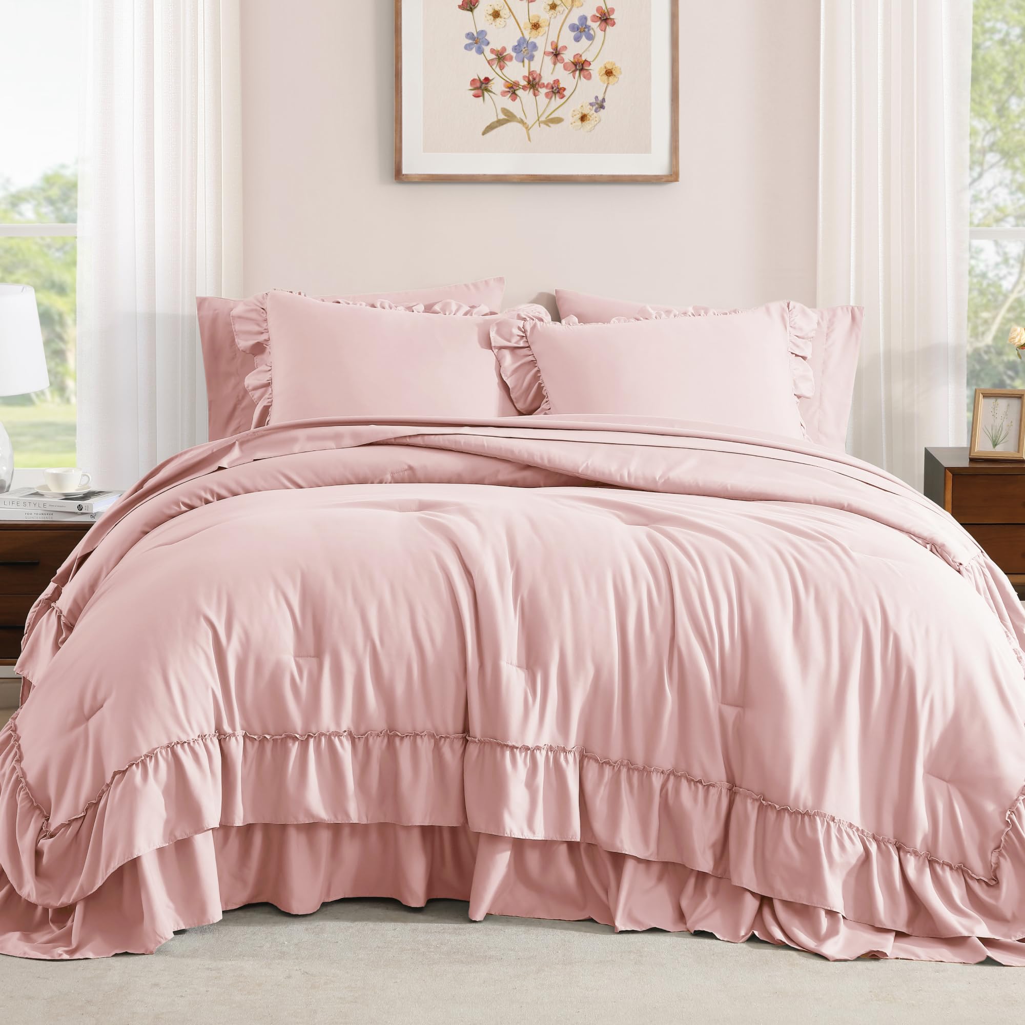 AMBERSPACE Queen Comforter ruffle detail adds texture and farmhouse charm.