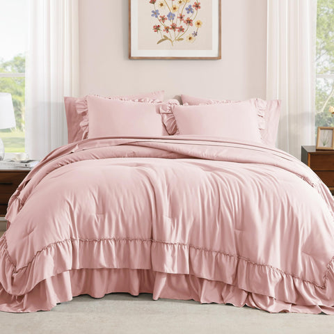 AMBERSPACE Queen Comforter ruffle detail adds texture and farmhouse charm.