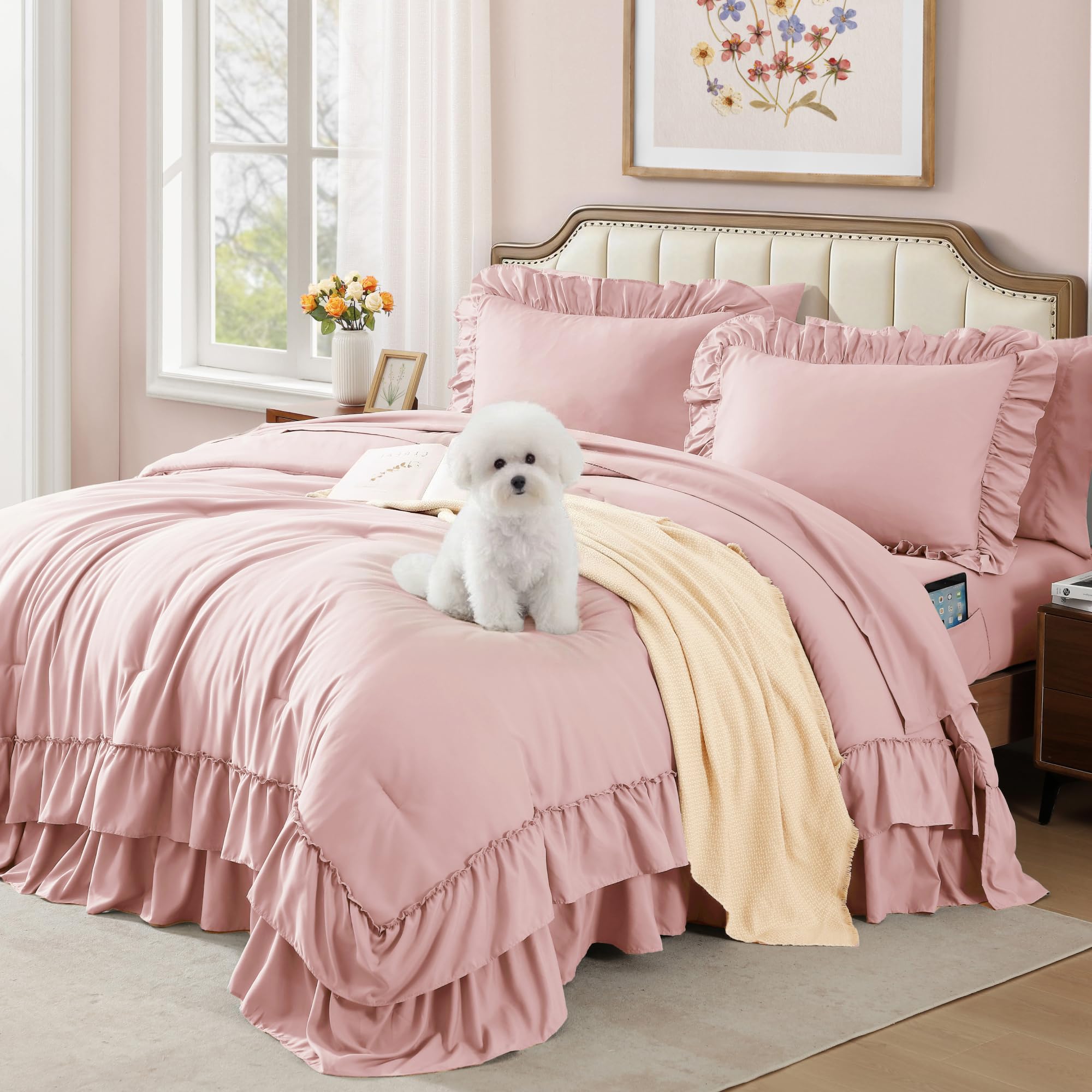 AMBERSPACE Queen Comforter Set in soft pink with ruffles for a cozy, chic bedroom.