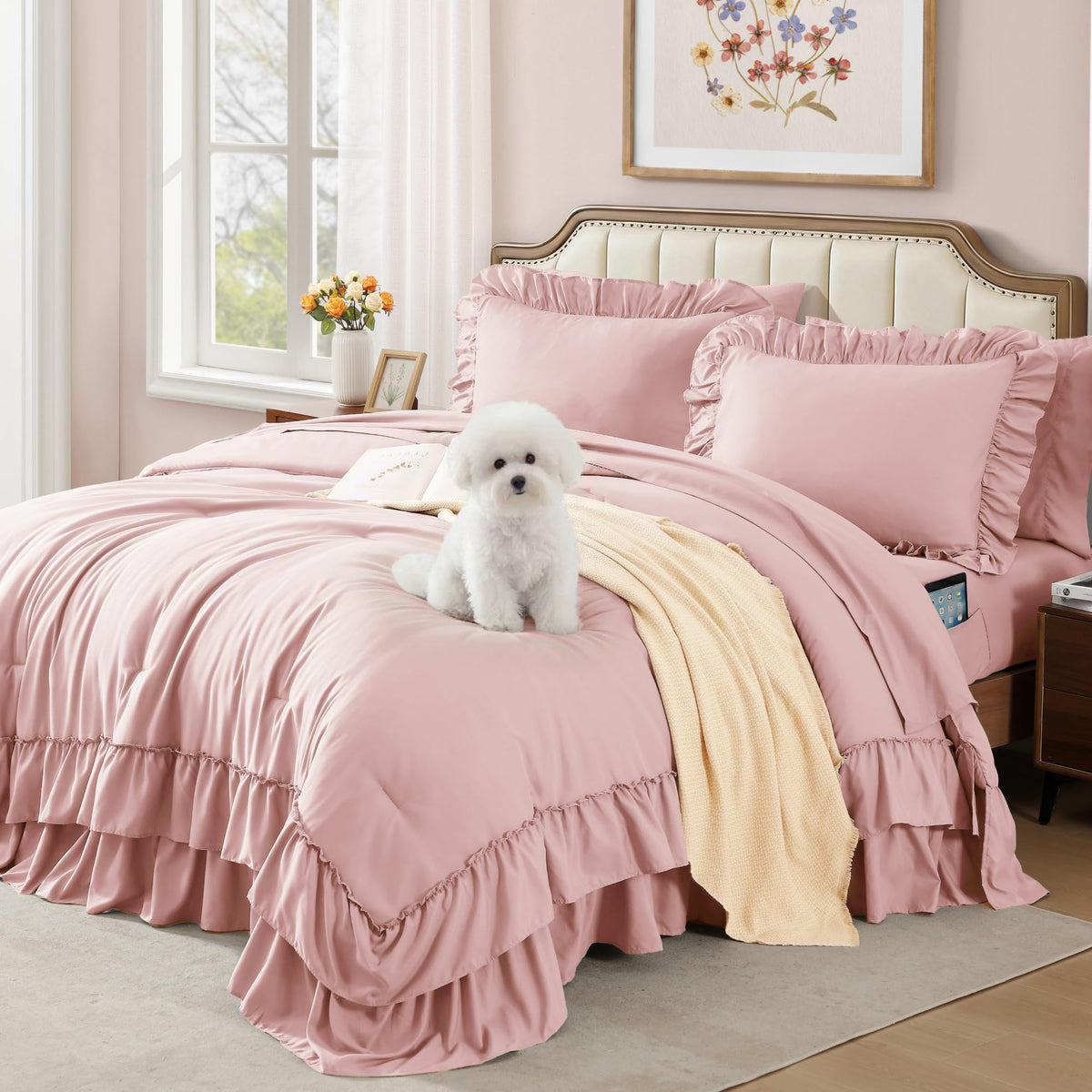 AMBERSPACE Queen Comforter Set in soft pink with ruffles for a cozy, chic bedroom.