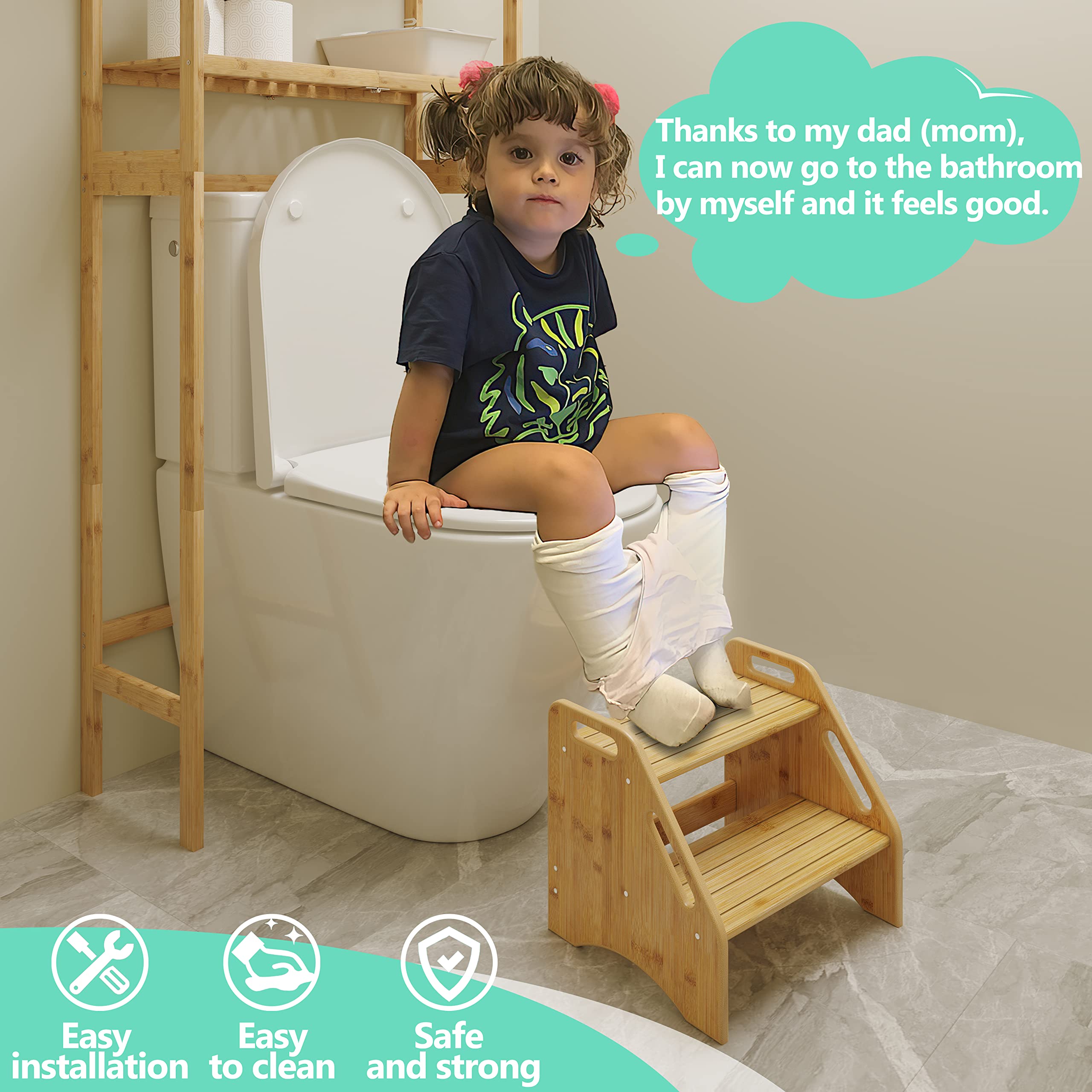 AMBIRD bamboo step stool highlights natural material and sturdy construction.