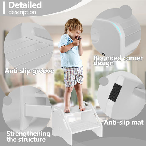 AMBIRD bamboo two-step stool with non-slip pads for stable bathroom use.