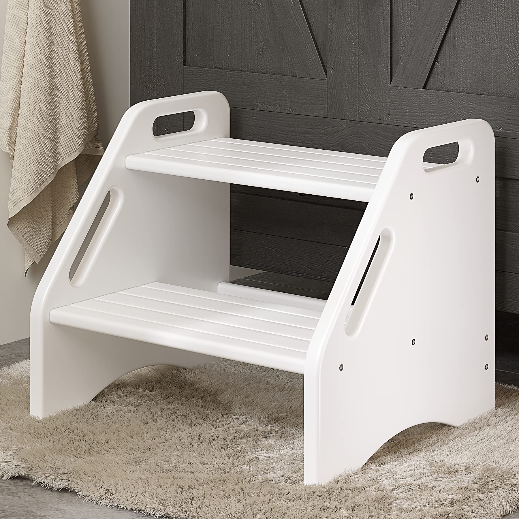 AMBIRD bamboo two-step stool top view showing sturdy surface for kids.
