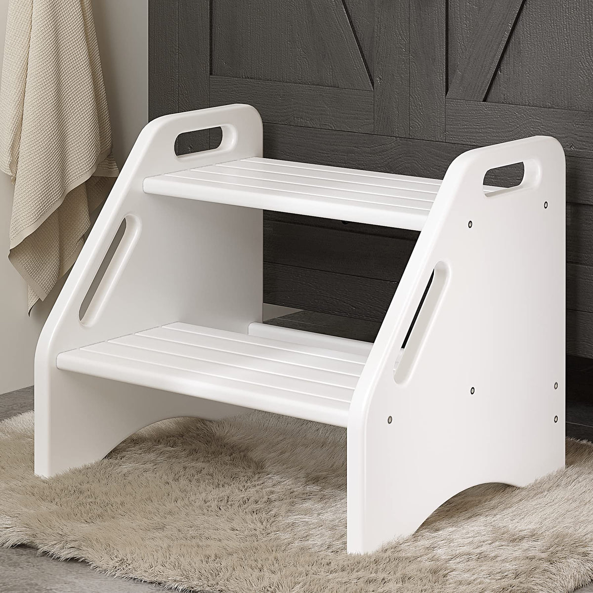 AMBIRD bamboo two-step stool top view showing sturdy surface for kids.