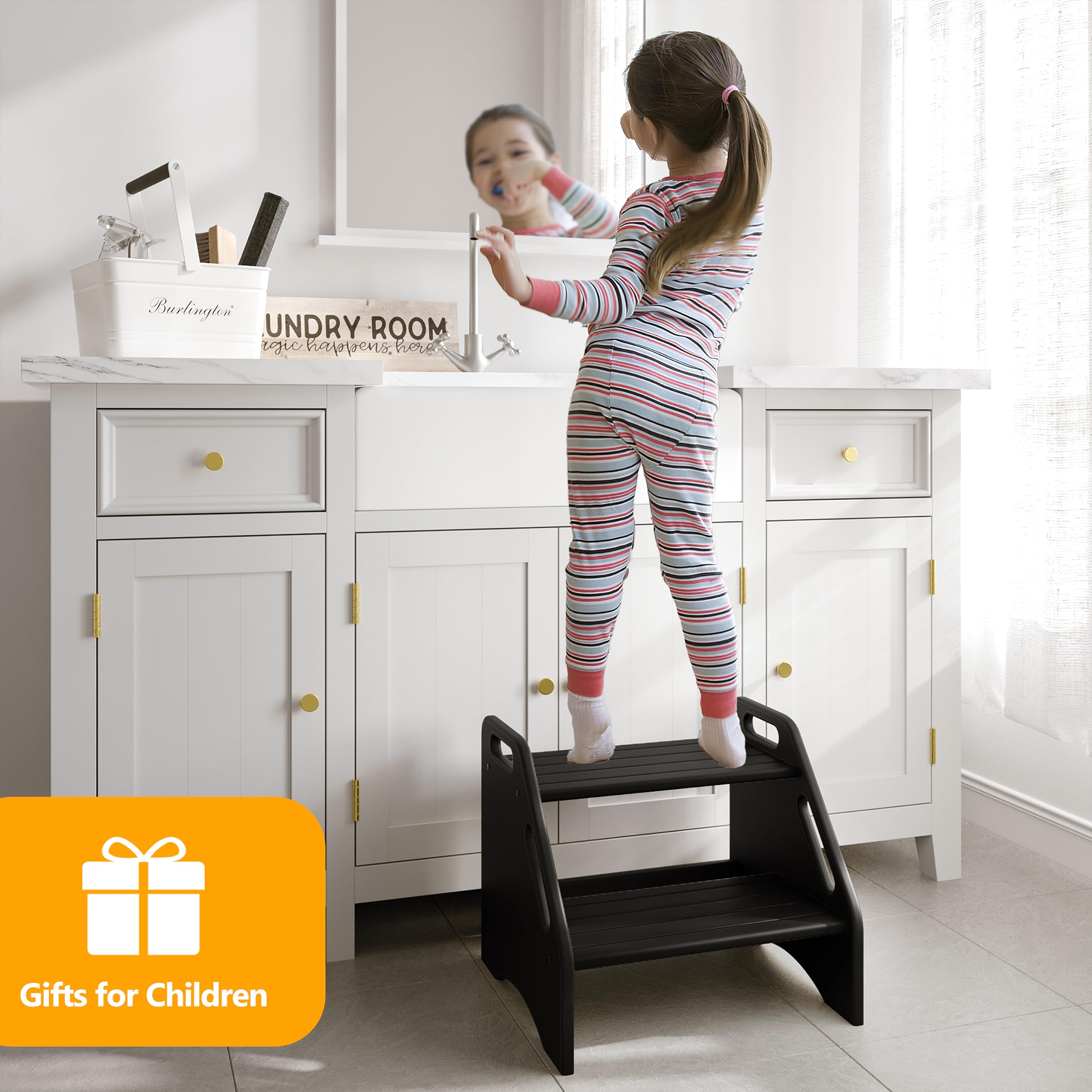 AMBIRD dual-height stool in use beside sink or counter.