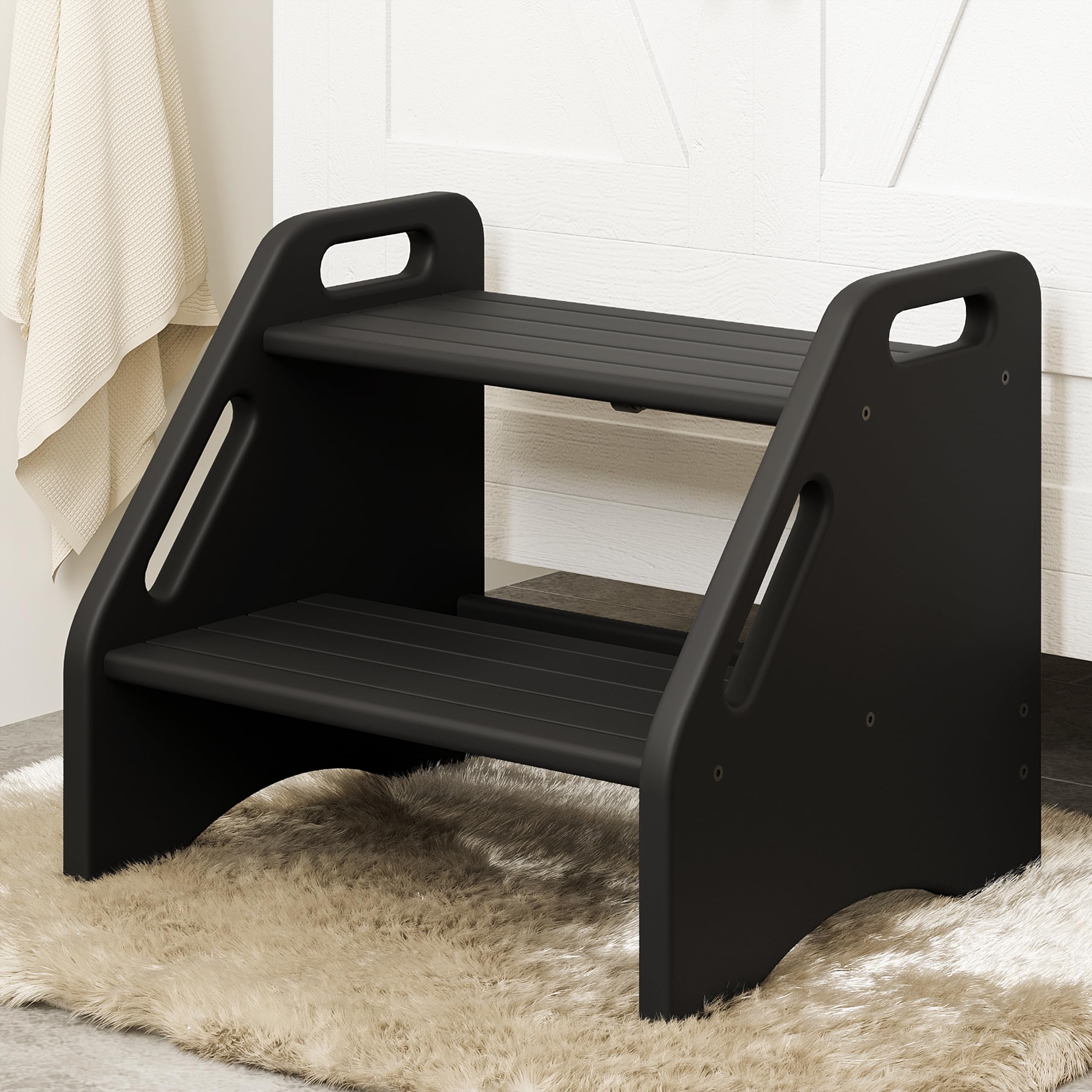 AMBIRD two-step stool black closeup—sturdy height for adults.