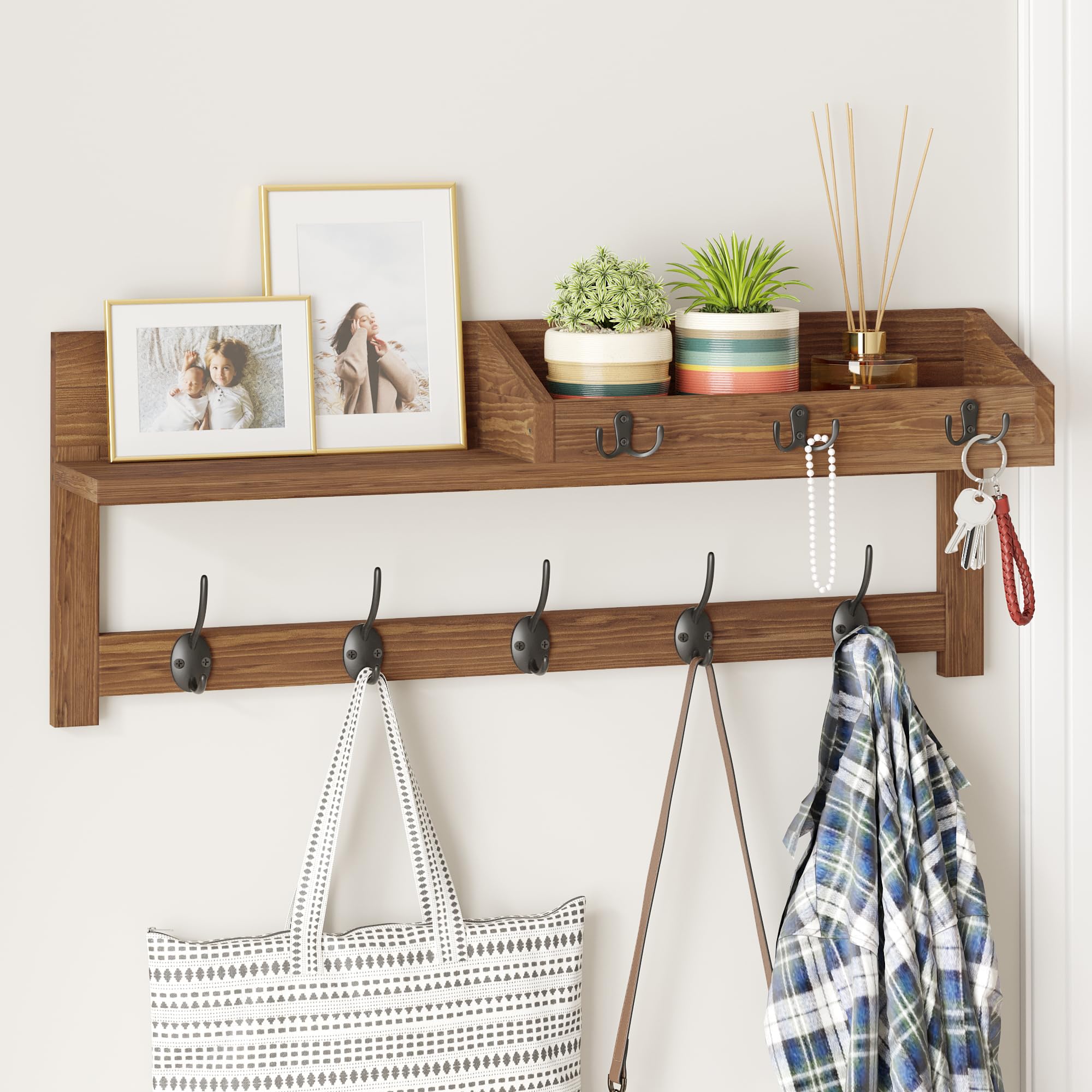 AMBIRD wall hooks with shelf brown front view shows organized entryway storage.