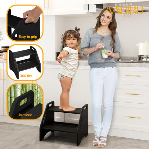 AMBIRD wooden step stool bamboo material with natural grain.