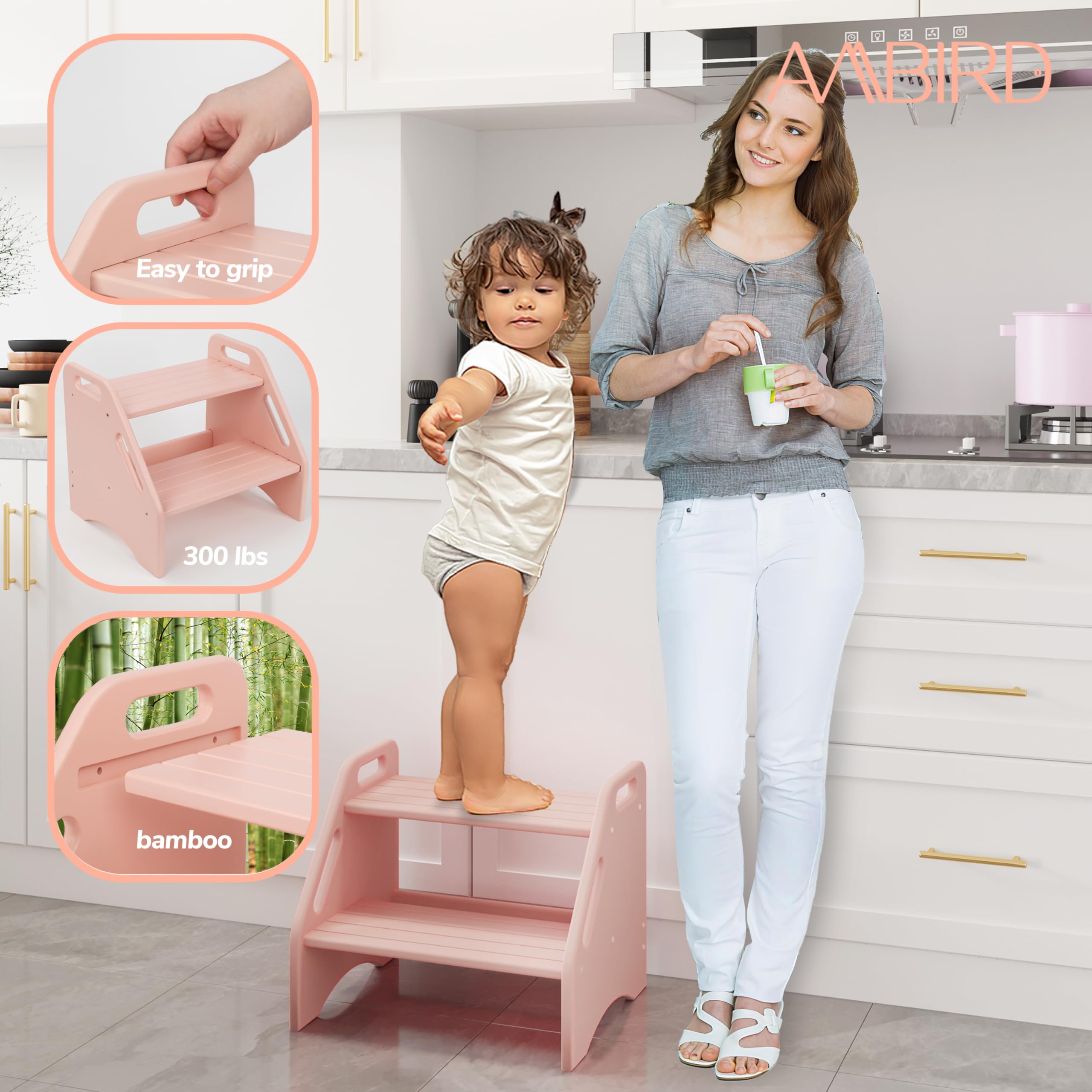 AMBIRD wooden step stool dual-height side view highlights a stable, easy-to-use two-step setup
