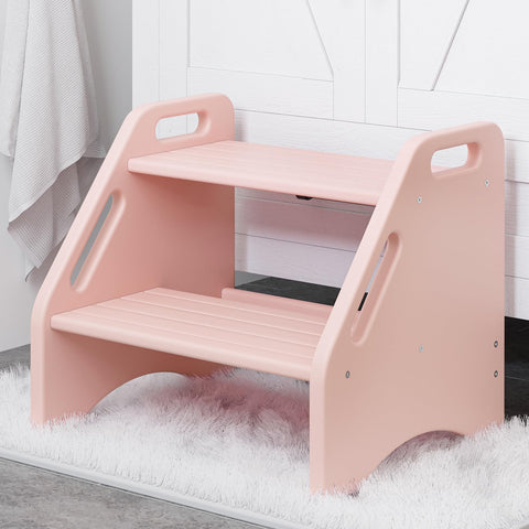 AMBIRD wooden step stool pink top view shows a sturdy two-step design for kids