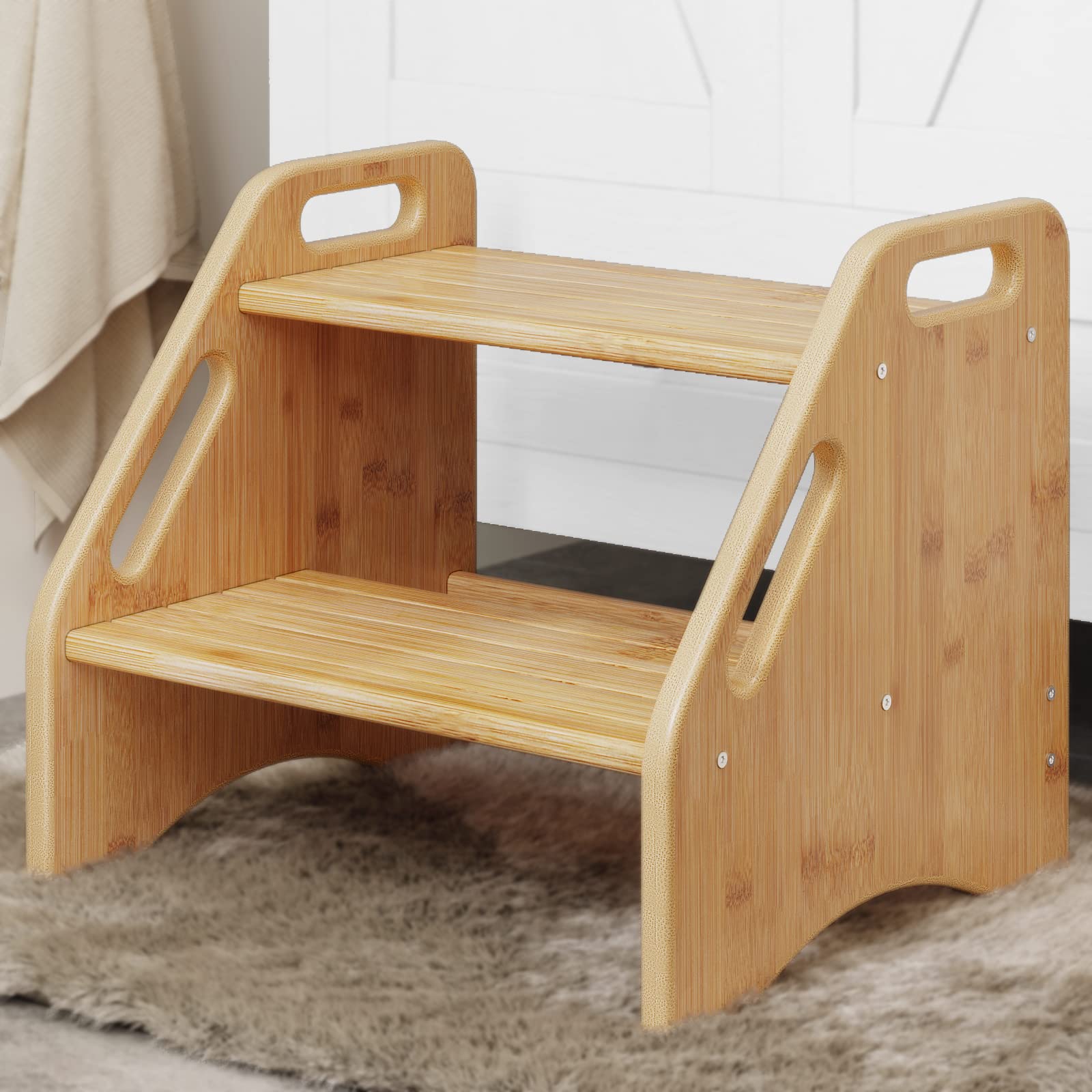 AMBIRD wooden step stool two-step helps kids reach sinks safely.