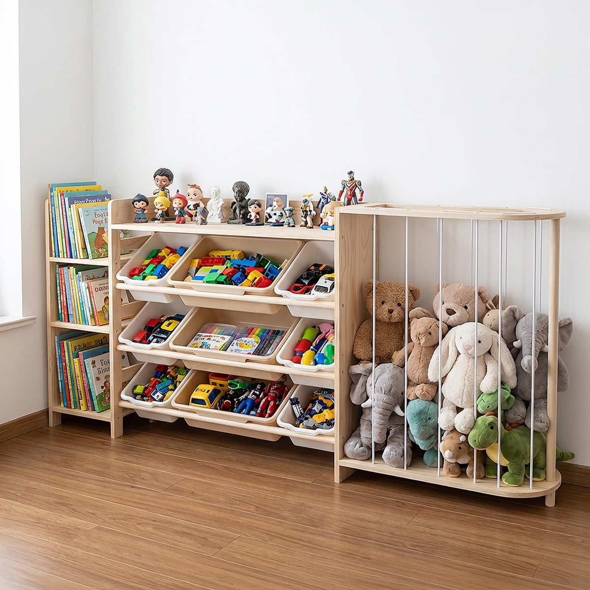 Amdermi kid's toy storage bookcase with natural wood finish keeps the playroom tidy.