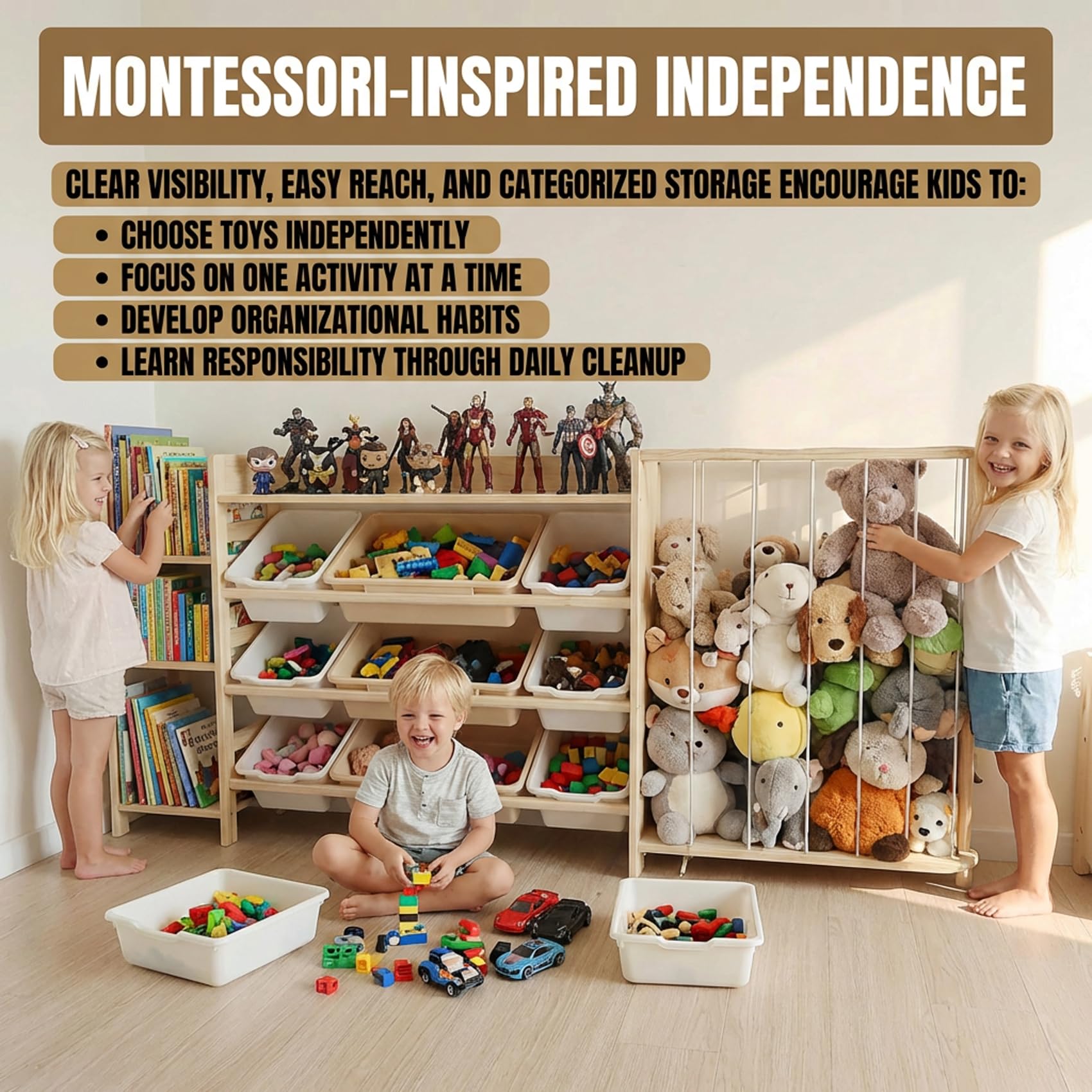 Amdermi space-saving design combines bookshelf and toy storage for small rooms.