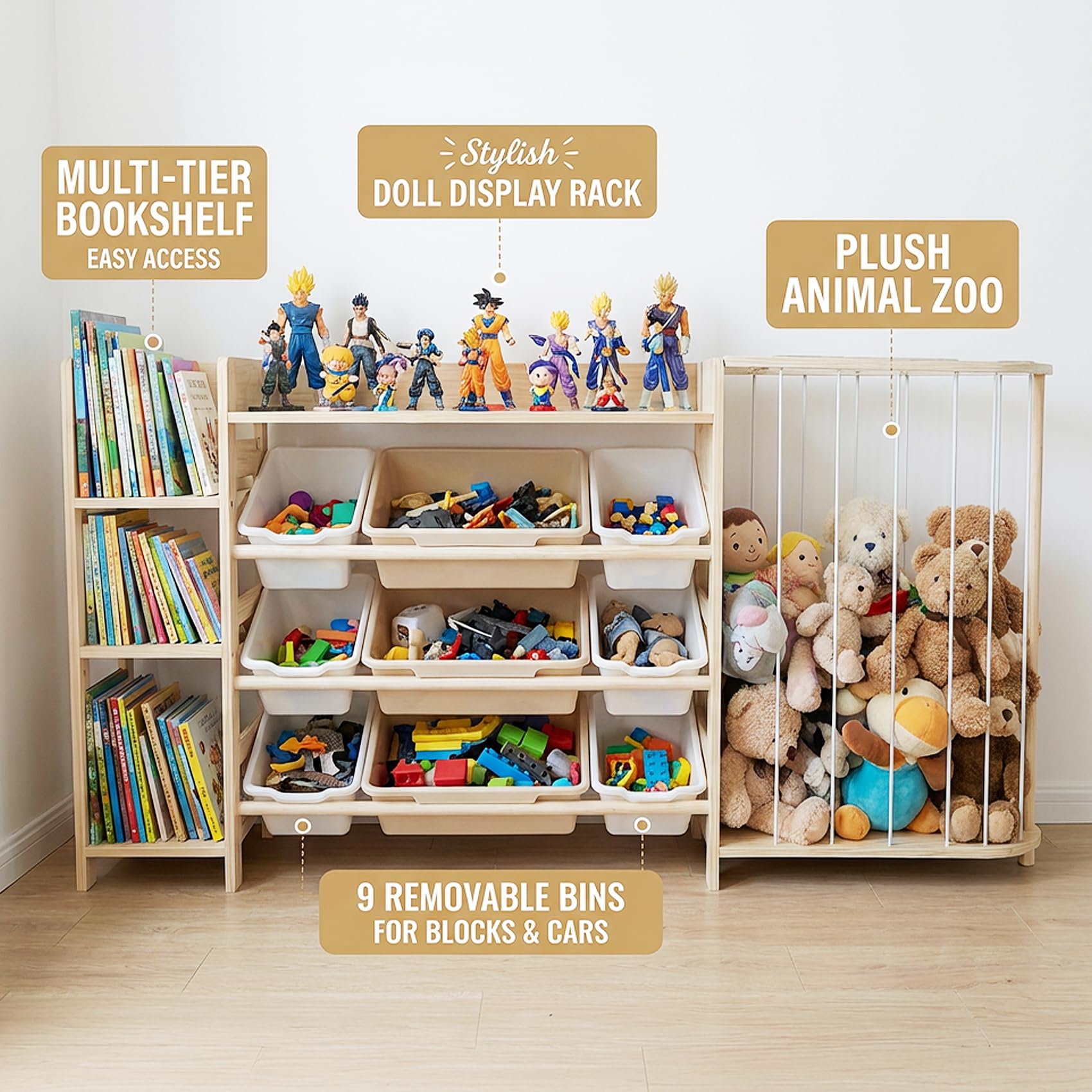Amdermi nine tilted bins offer clear visibility for quick sorting of toys.