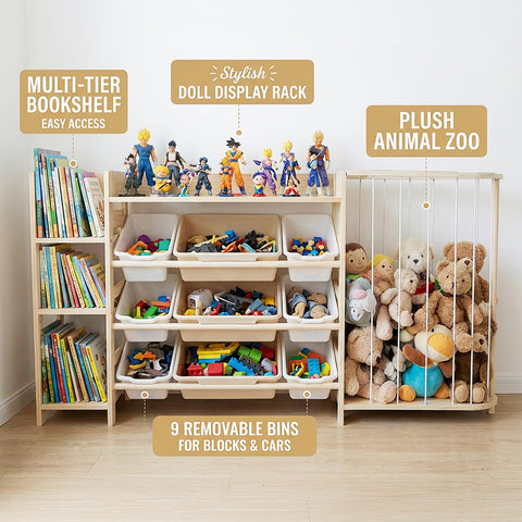 Amdermi nine tilted bins offer clear visibility for quick sorting of toys.