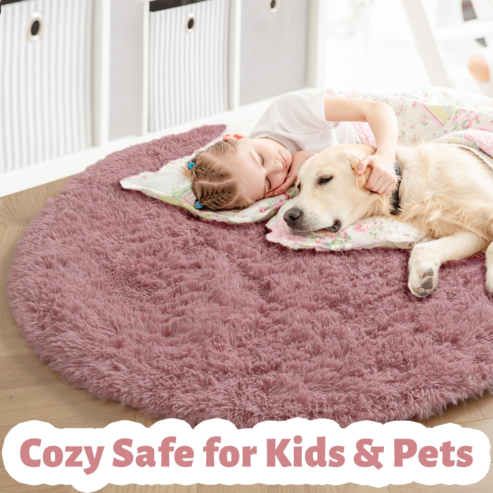 Amdrebio blush fluffy round rug in kids room decor highlighting vibrant color and cozy play area