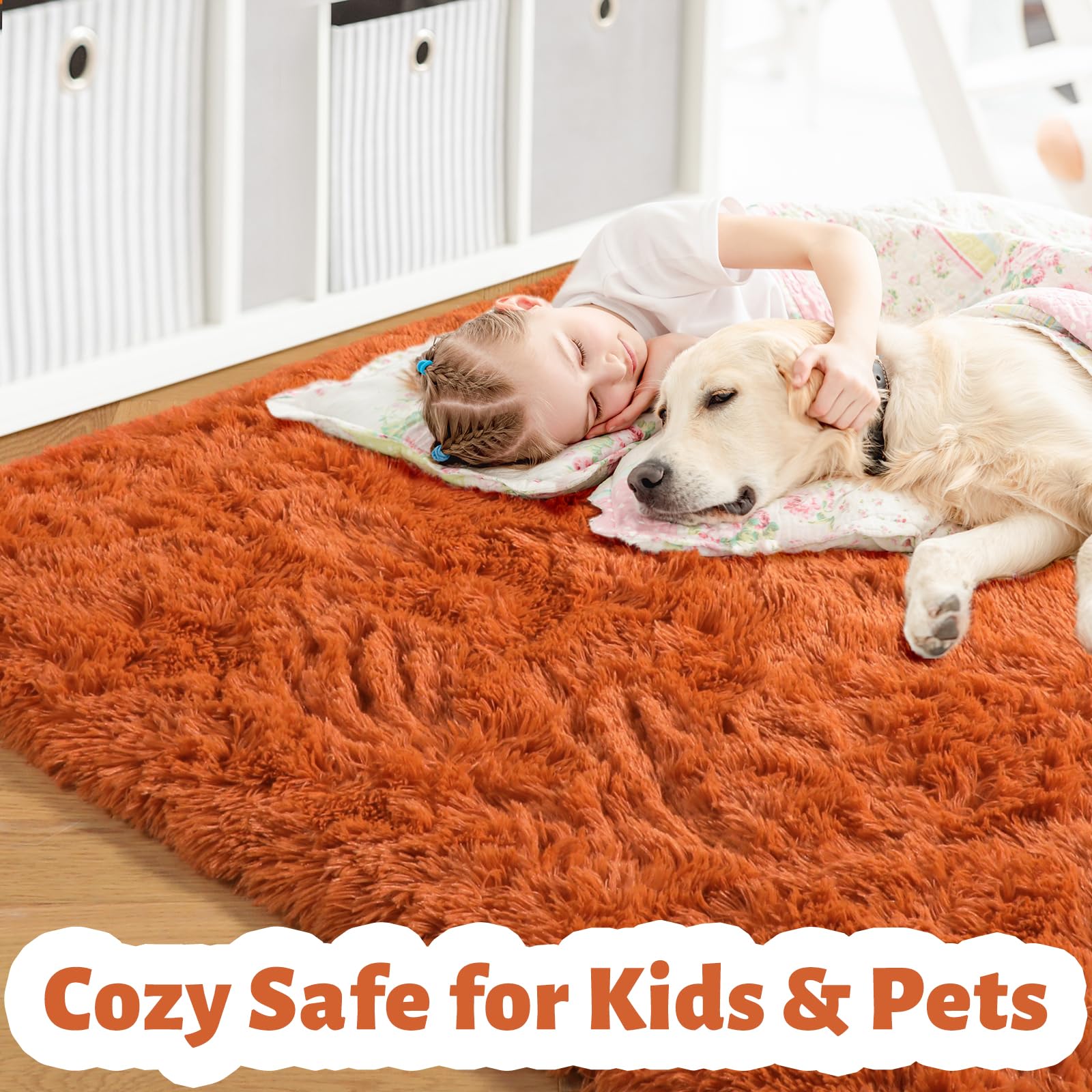 Amdrebio burnt orange rug with non-slip rubber backing prevents slipping on smooth surfaces.