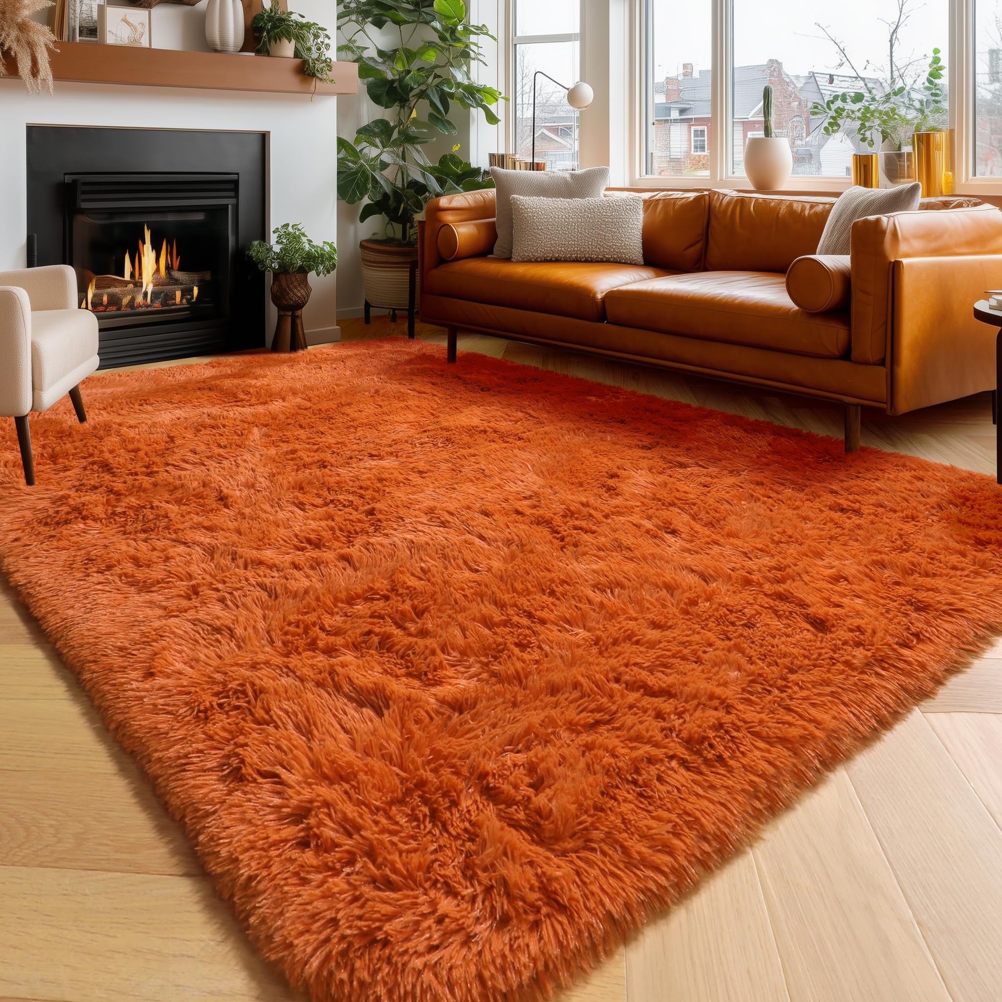 Amdrebio burnt orange 6x9 plush rug close-up highlighting ultra-soft fibers for cozy floors.