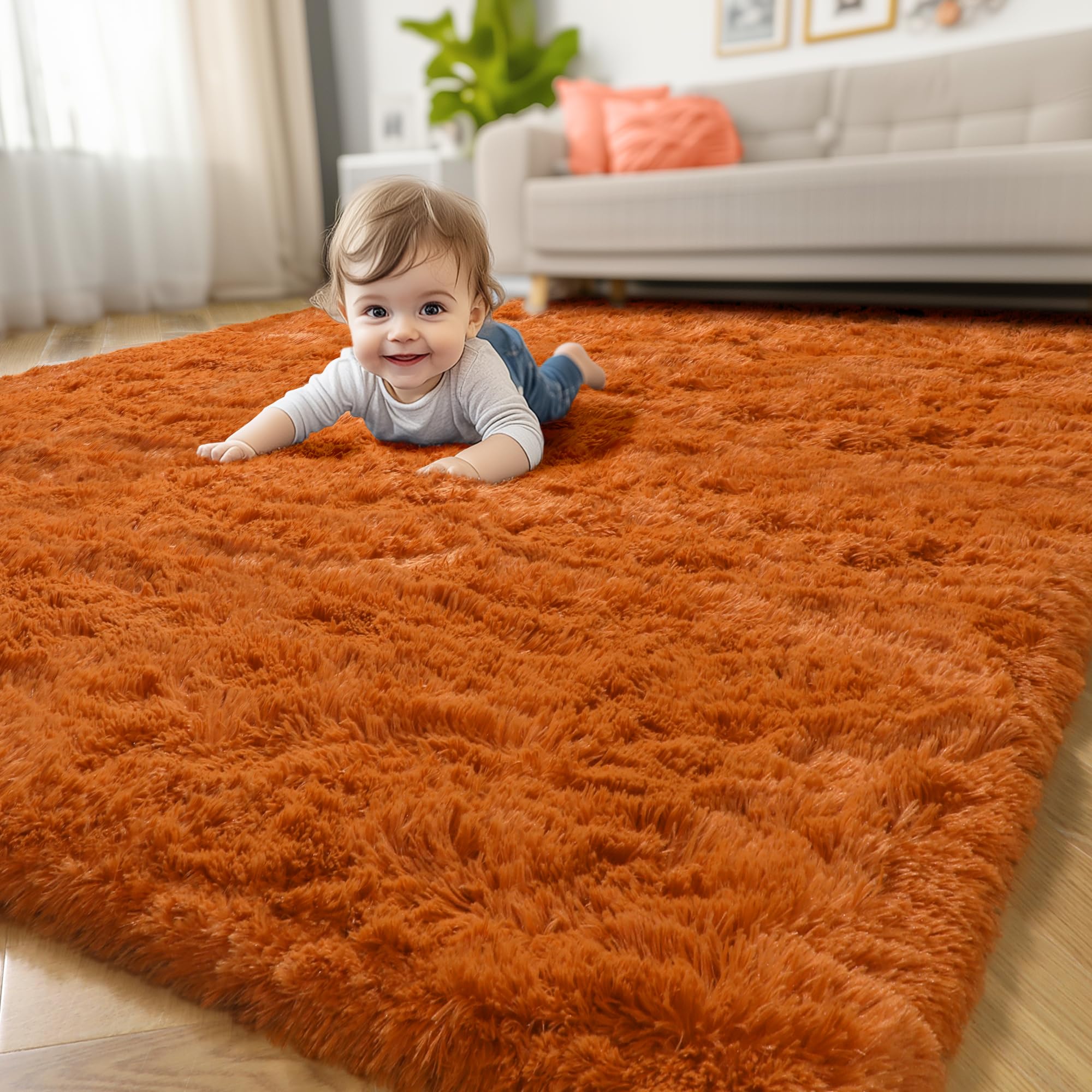 Amdrebio burnt orange plush carpet provides a warm, inviting play space.