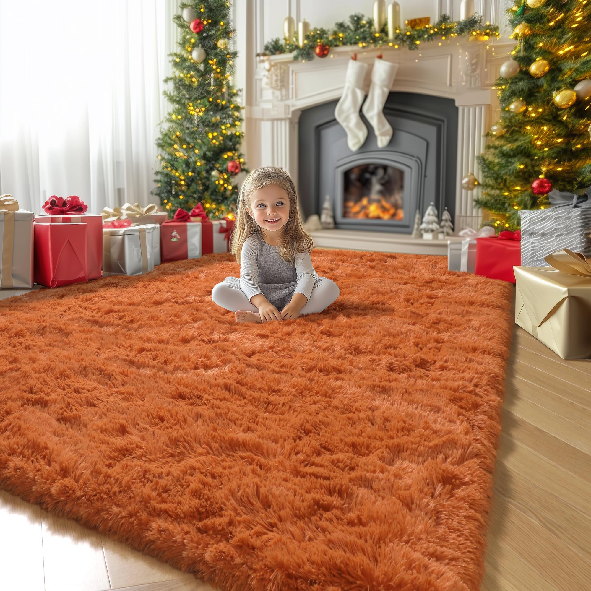 Amdrebio burnt orange shaggy rug adds softness underfoot for dorm or classroom.