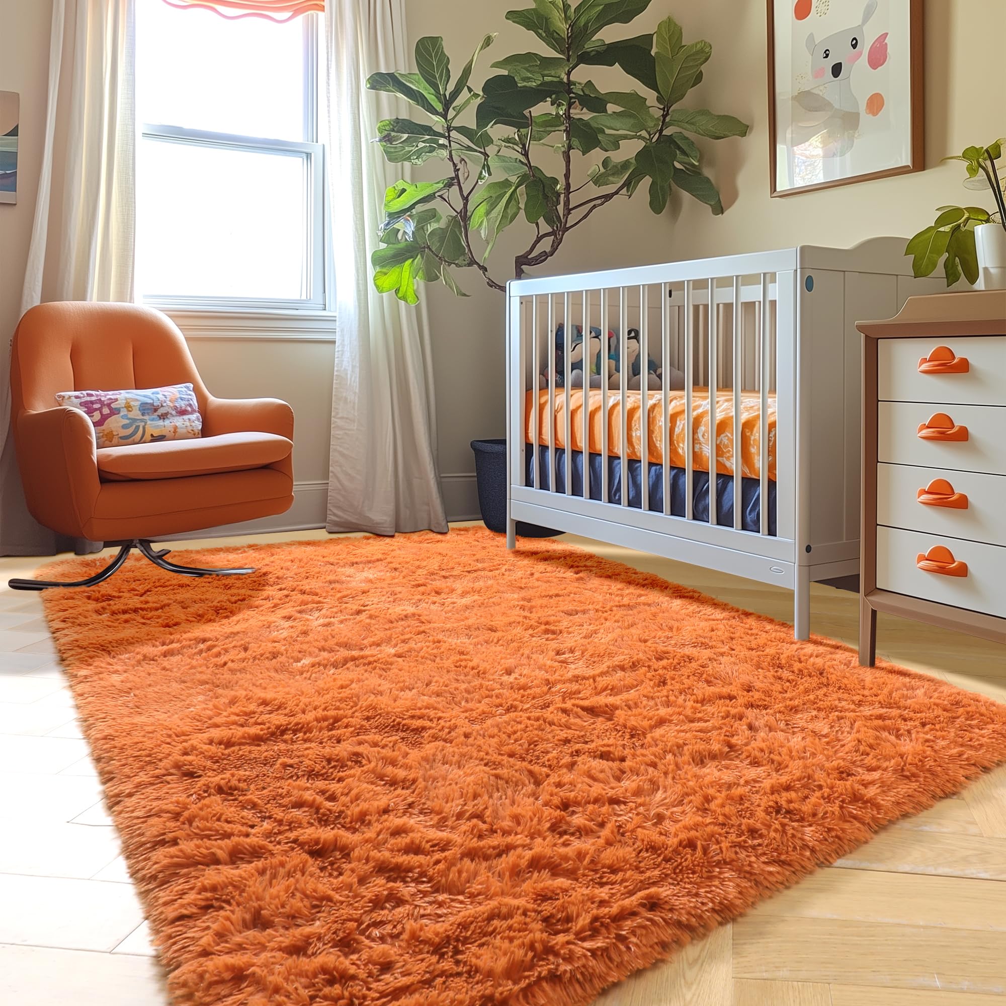 Amdrebio burnt orange rug photo demonstrates easy cleaning and maintenance.