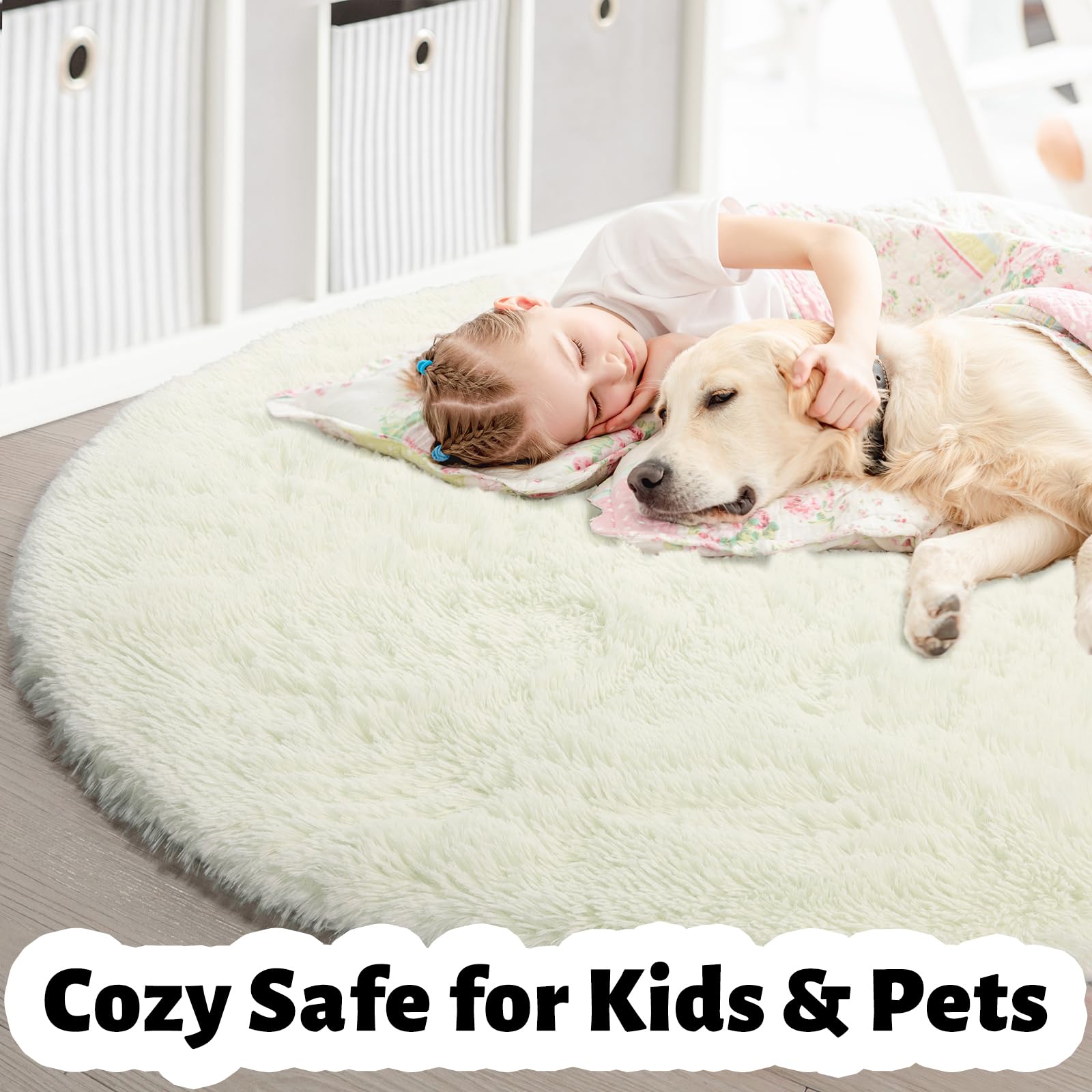 Amdrebio creamy round rug for baby nurseries and gentle floors.