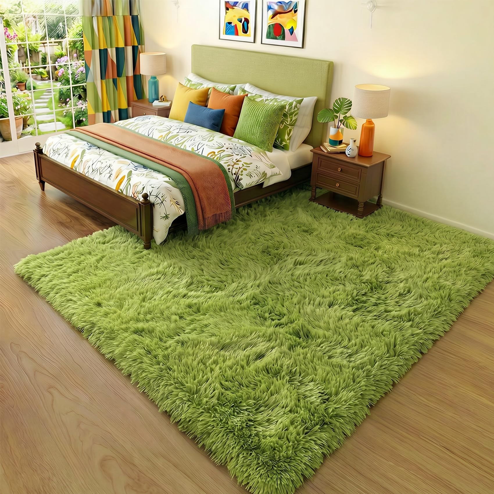Amdrebio Grass Green Rug kid-friendly-color bright shade boosts room cheer.
