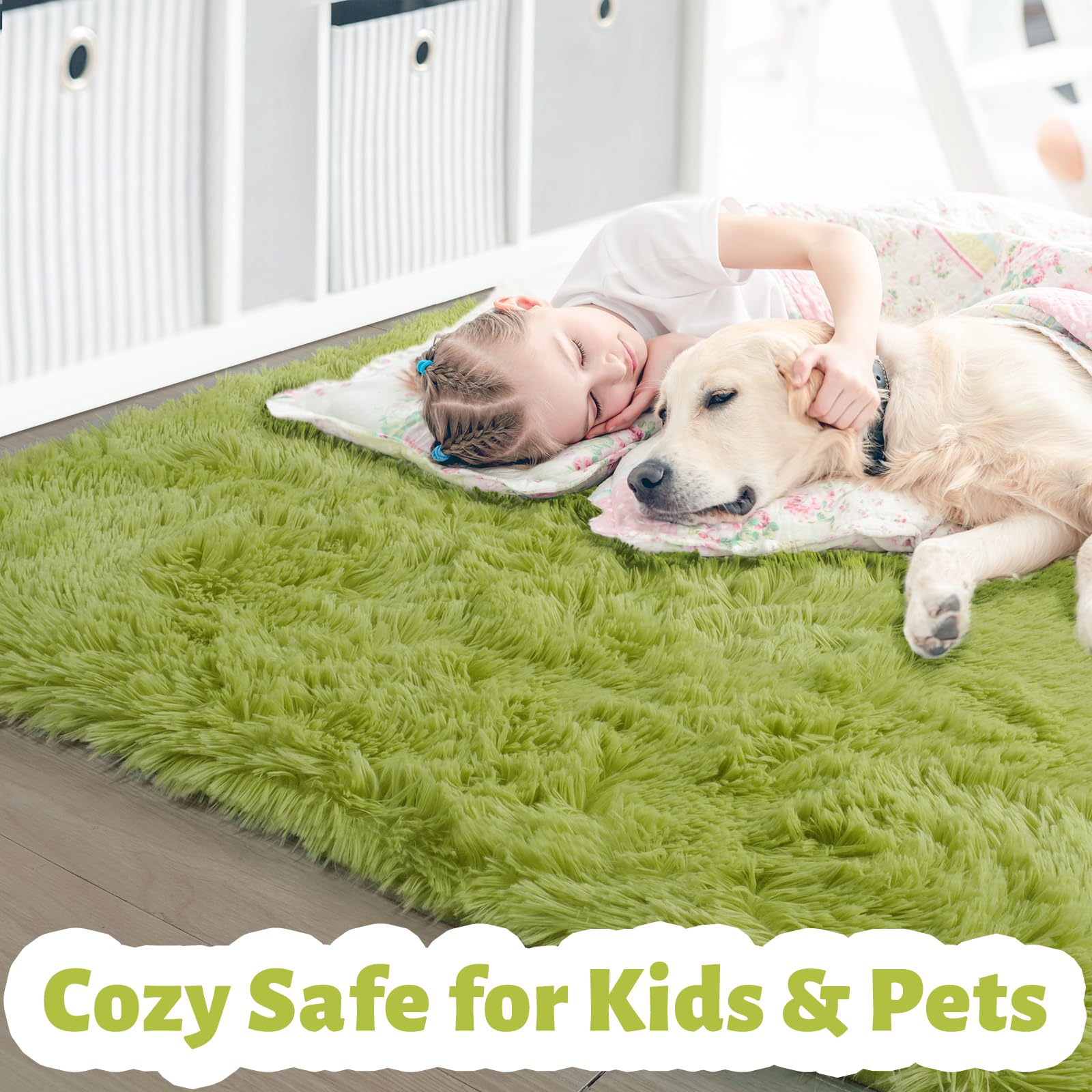 Amdrebio Grass Green Rug non-slip-backing keeps floors safe during activities.