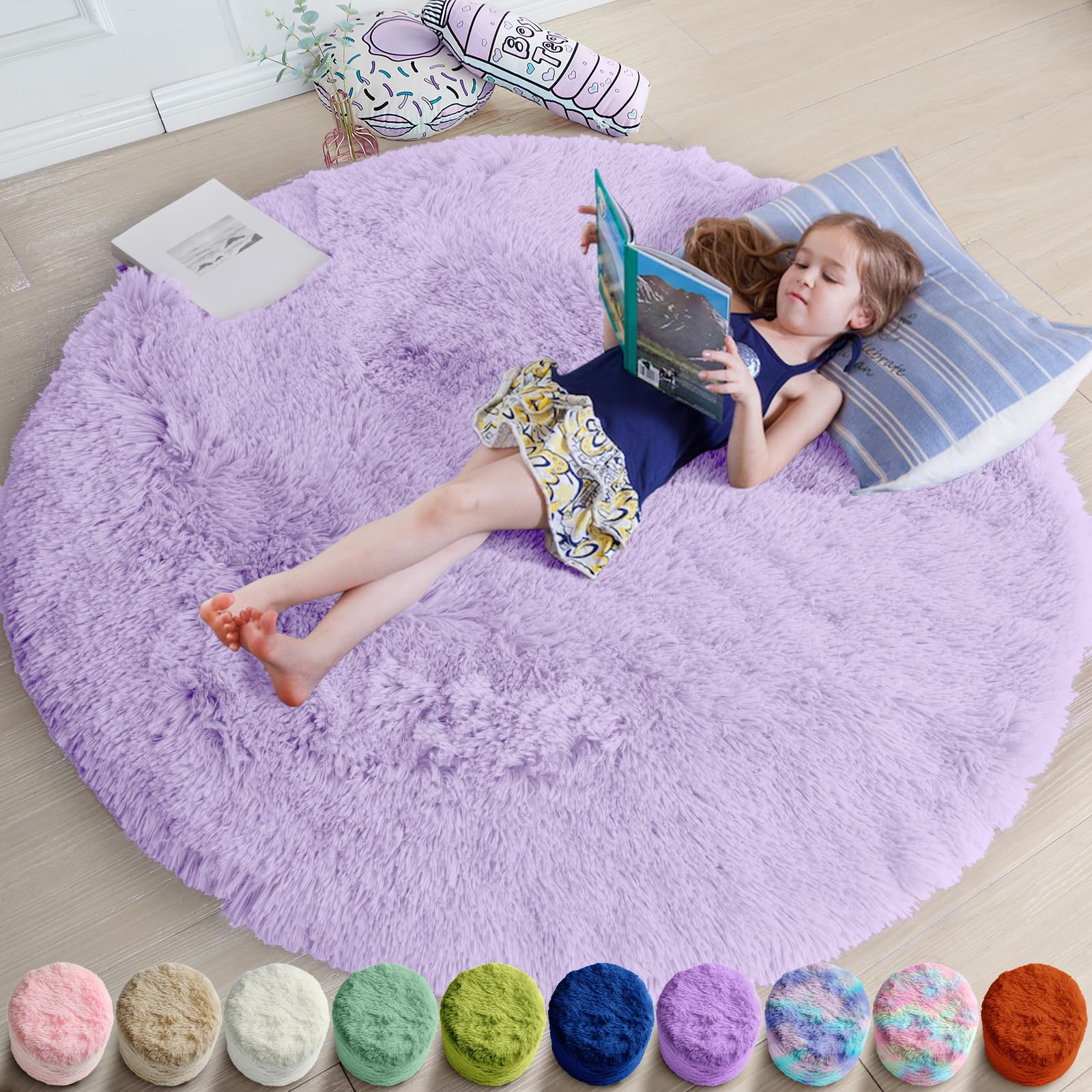 Amdrebio light purple circle rug close-up shows plush texture for cozy feet.